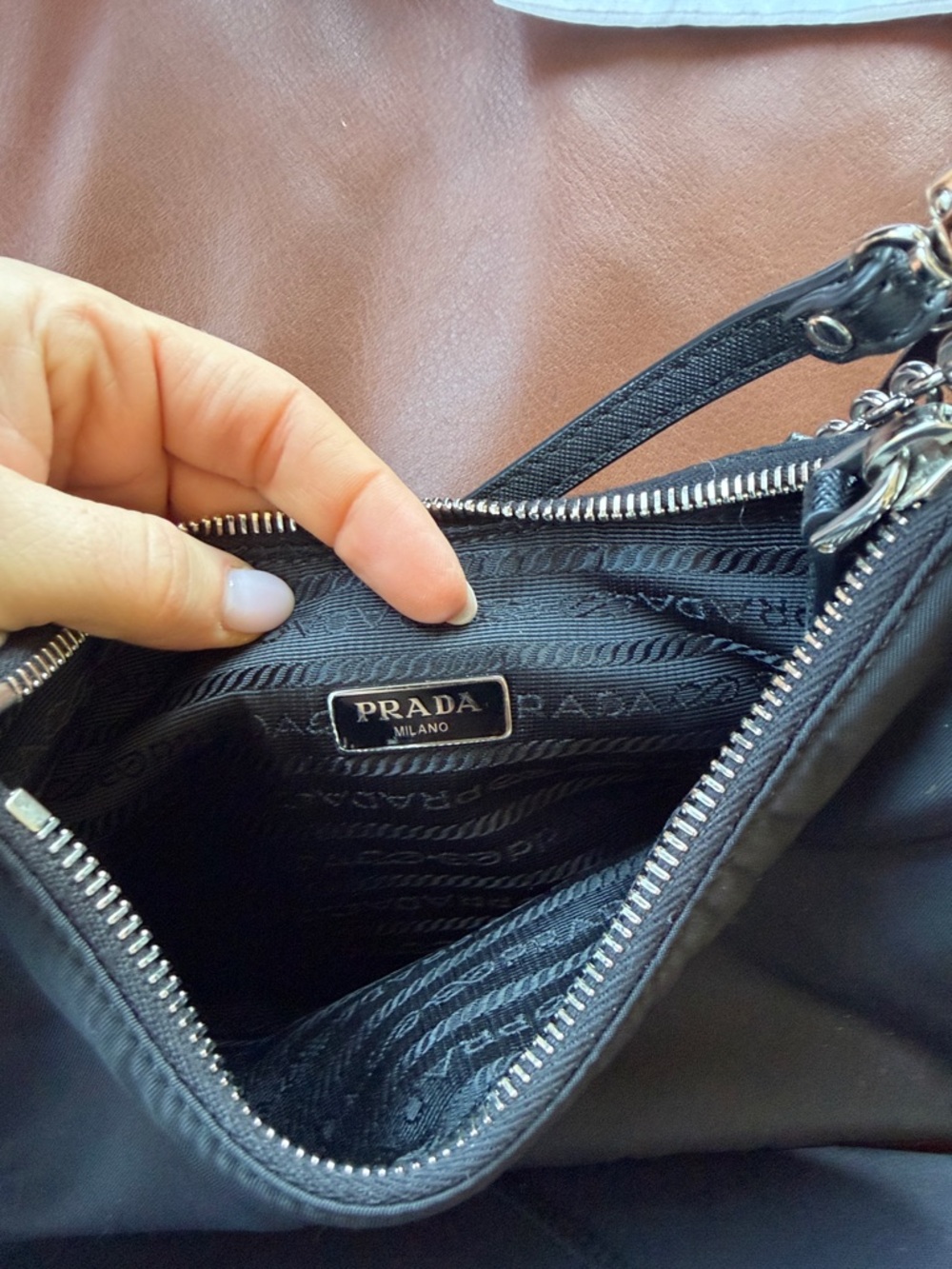 Prada Black Nylon Shoulder Bag with Chain Accent and Strap - Picture 5 of 5